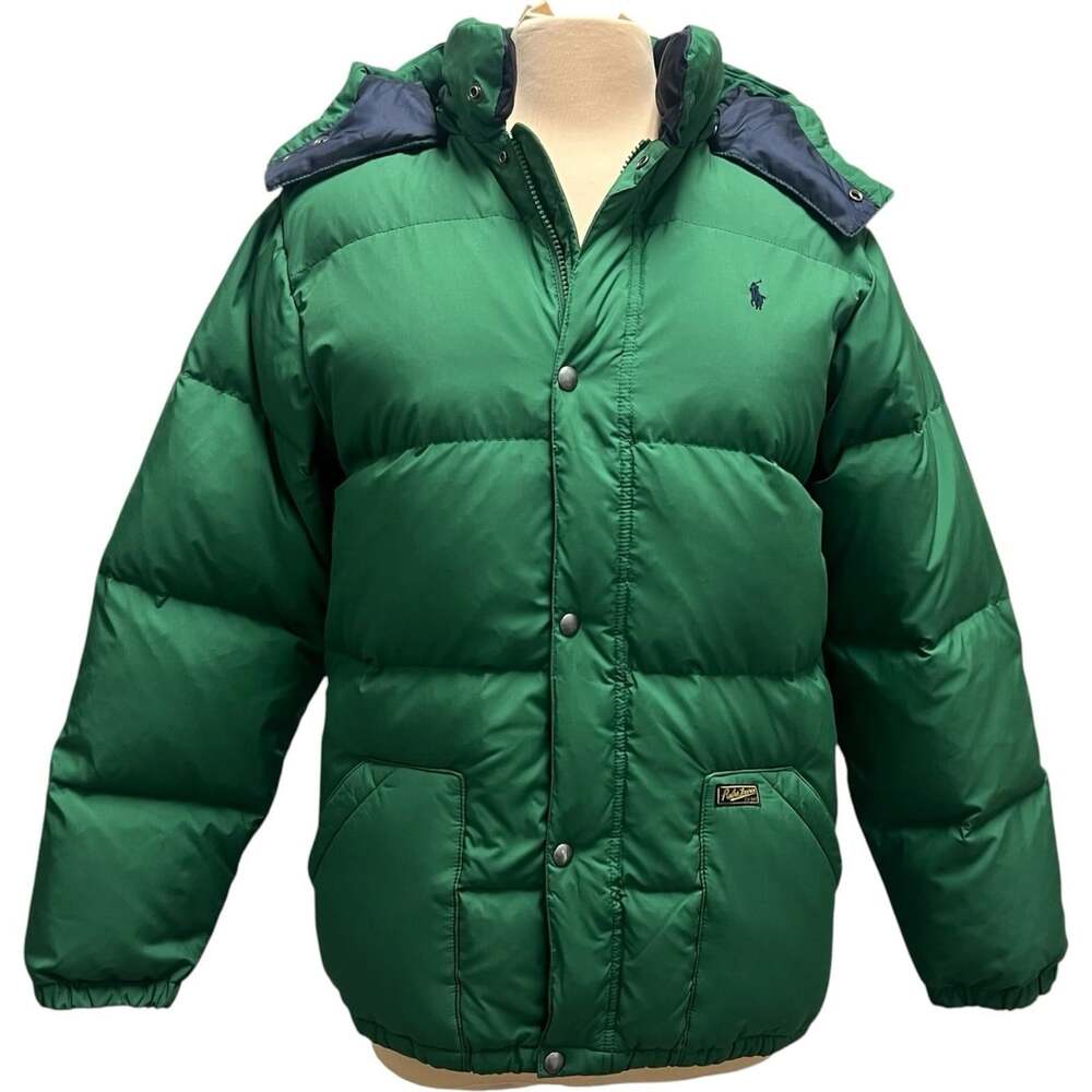 Polo Ralph Lauren Puffer Jacket Youth XL Green Down Feather Hooded Warm Hood